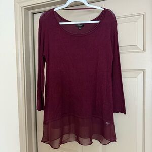 Cupio - Burgundy Sheer Hem Long Sleeve Top